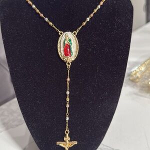Elegant Gold Rosary Necklace with Multicolor Beads